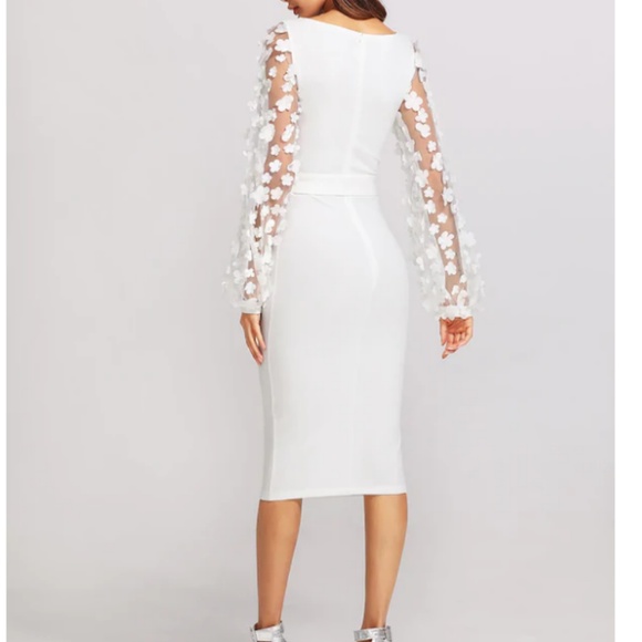 Floral Applique Sheer Bishop Sleeve Belted Dress - Picture 3 of 7